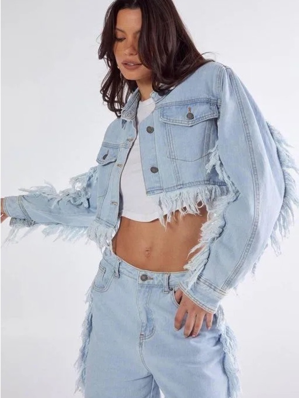 Nastygal Frayed Light Wash Cropped Denim Jacket and Jeans Set - Light Blue